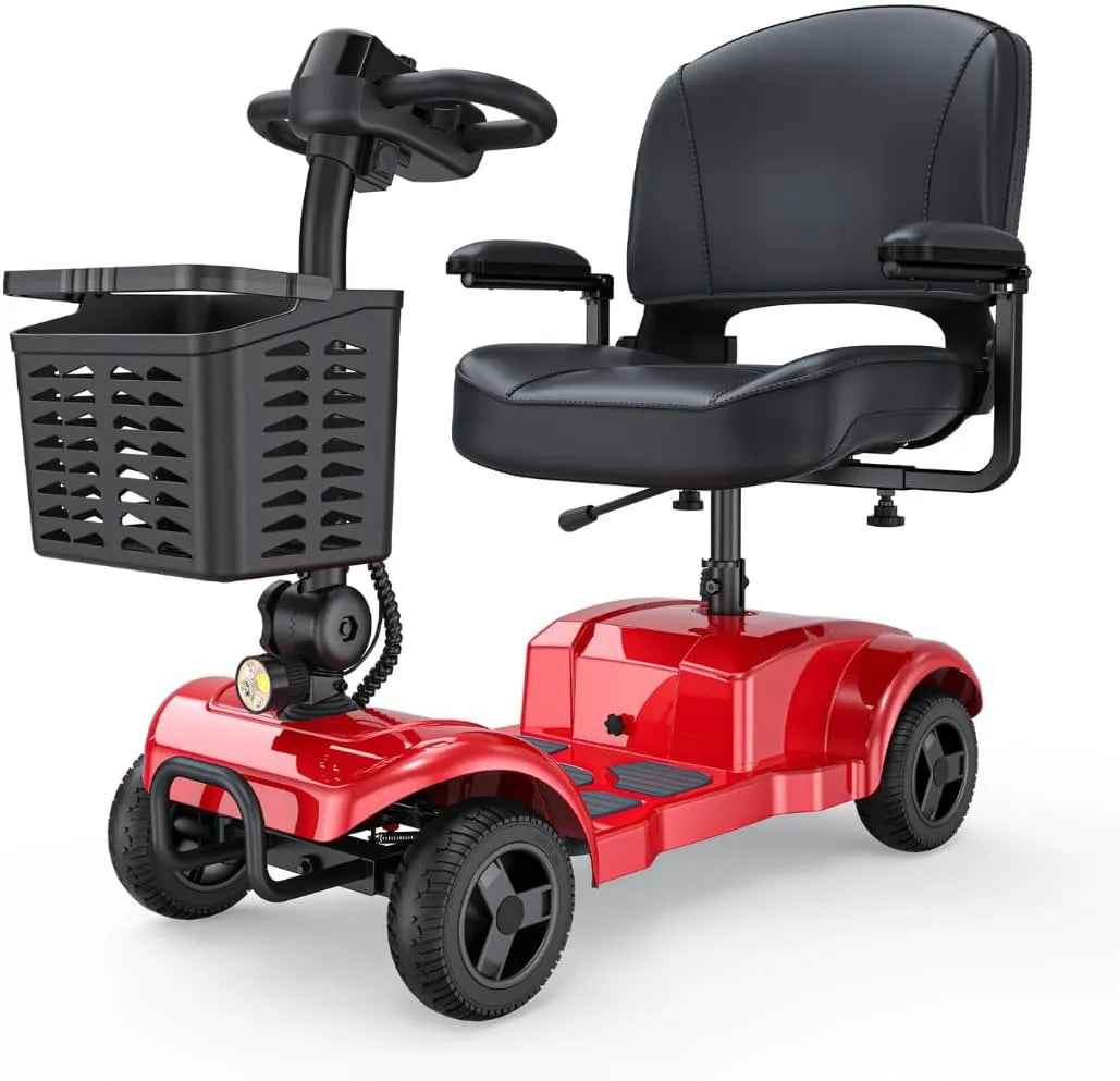 4-Wheel Mobility Scooter, Red and Black, Padded Seat with Storage Basket, Built-in Headlight, 120kg Capacity
