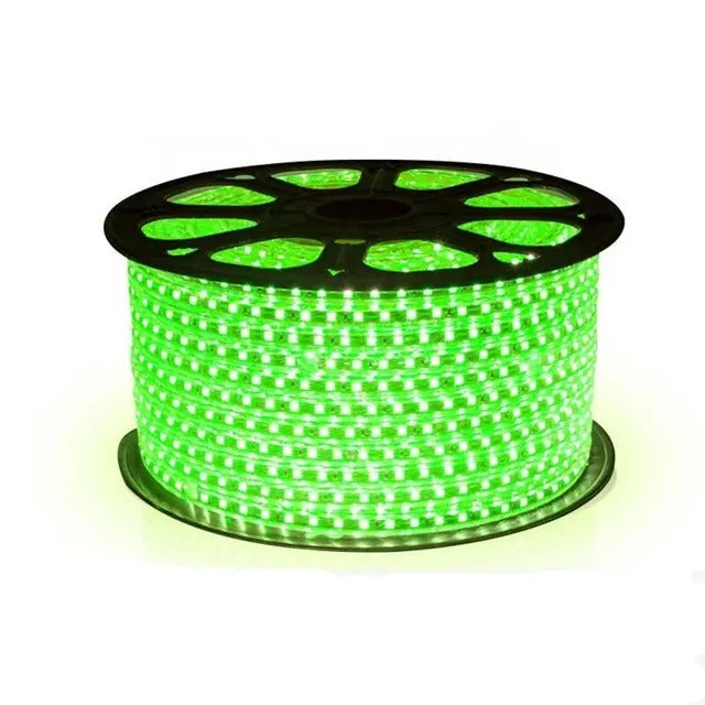 Spool of green LED rope light on a white background
