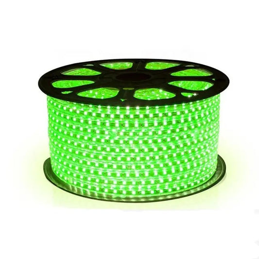 Spool of green LED rope light on a white background