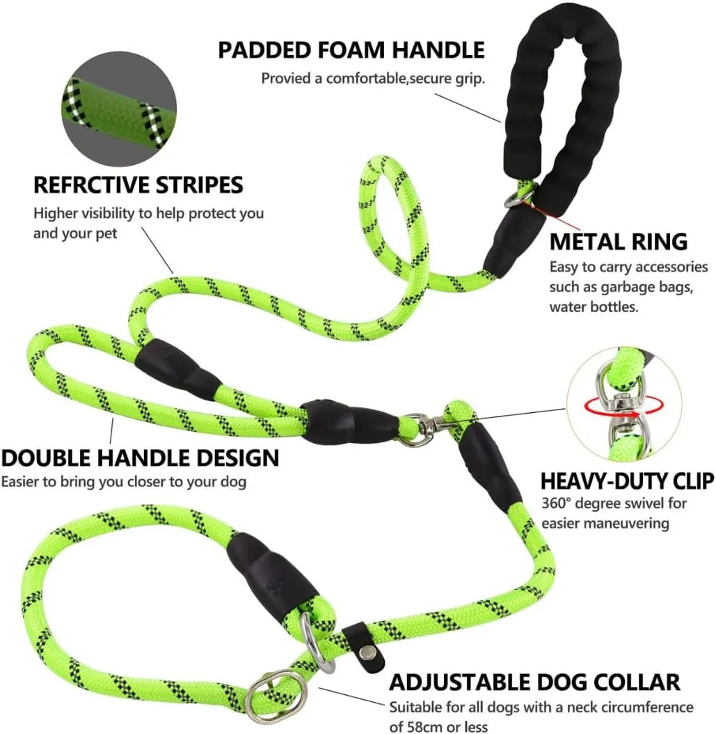 Heavy-Duty Dual Dog Leash, Braided Nylon Rope with Padded Handle, Green and Black, 150cm Total Length, Tangle-Free Design for Two Dogs