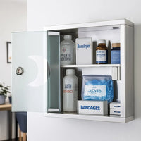 MedVault Wall-Mounted Medical Cabinet, Frosted Glass with Crescent Design, Lockable Metal Frame, 45-55cm x 35-45cm