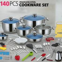 FUNITE CulinaryElite 140 Series Stainless Steel Cookware Set, 140 Pieces, Induction Compatible, Blue Glass Lids