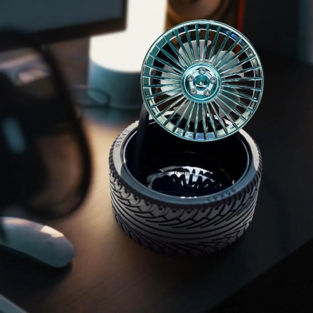RimCooler Automotive-Themed USB Desk Fan, Black and Silver, Flexible Neck, Tyre Base Design with Rim-Style Blades, 15-18cm Diameter