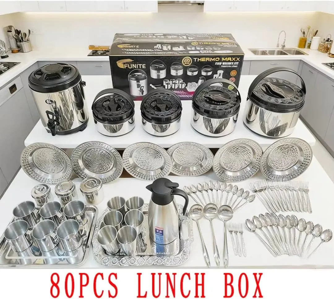 ThermoMaxx 80 Piece Stainless Steel Insulated Lunch Box and Serving Set with Beverage Dispenser, Plates and Cutlery