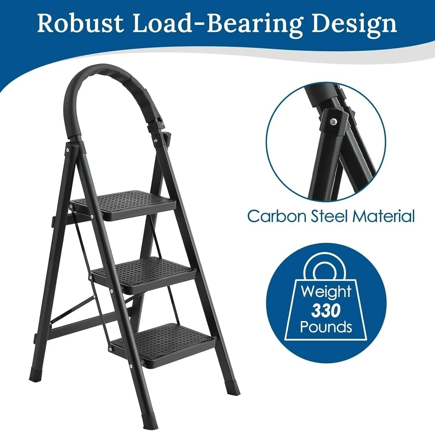 3-Step Folding Ladder, Black Carbon Steel, 41-inch Height, 330 lb Capacity, Anti-Slip Steps, Tool Rack, No Assembly Required