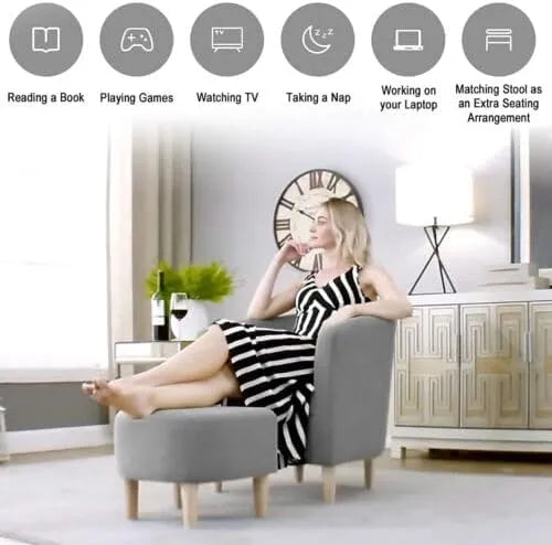 Modern Tub Chair with Ottoman – Grey Upholstery