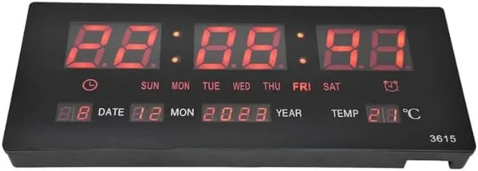 Digital Wall Clock 3615, Black with Red LED Display, Temperature and Calendar Display, AC-Powered, 35x20x4 cm, Professional Office and Home Use - 3615