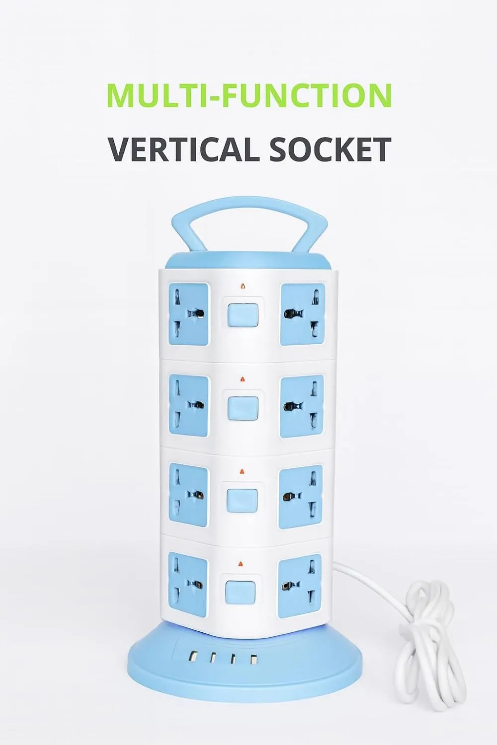 Multi-Function Vertical Power Tower, 8-12 AC Outlets, 3 USB Ports, Surge Protection, White/Blue