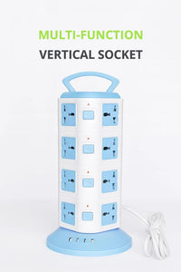 Multi-Function Vertical Power Tower, 8-12 AC Outlets, 3 USB Ports, Surge Protection, White/Blue