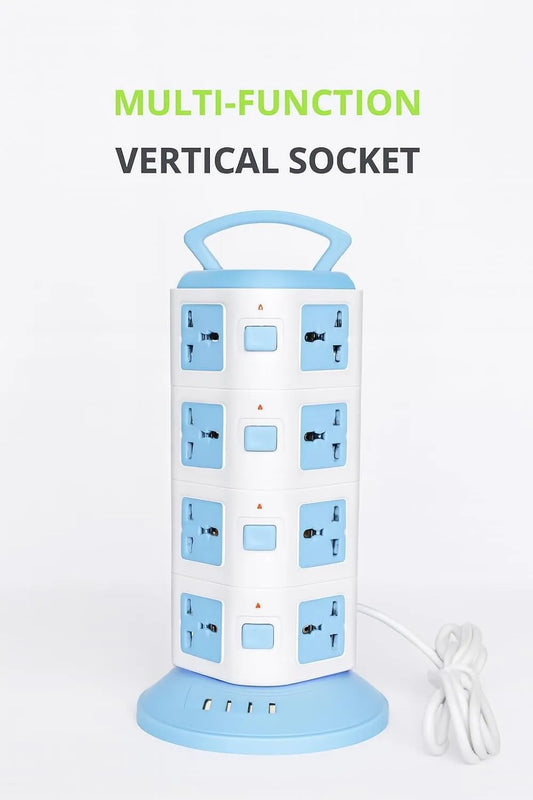 Multi-Function Vertical Power Tower, 8-12 AC Outlets, 3 USB Ports, Surge Protection, White/Blue
