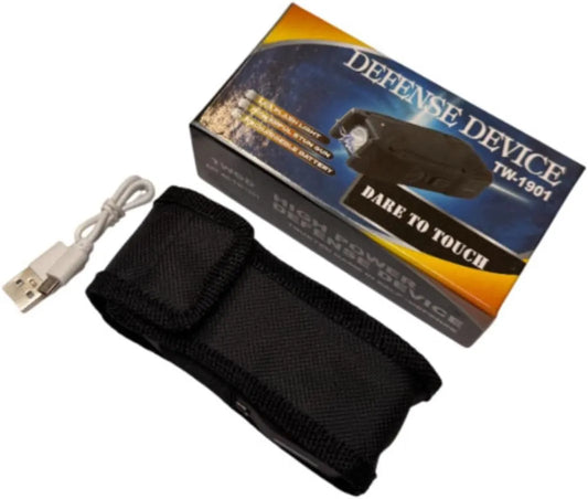 TW-1901 Defense Device Stun Gun with LED Flashlight, Black, Rechargeable, High-Voltage, 15x5x3 cm, Includes Carry Case and USB Cable