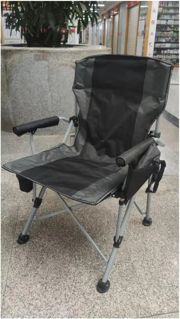 Portable Camping Chair, Black and Grey, Padded Oxford Polyester, Steel Frame, Foldable with Cup Holder, Side Pocket, Carry Strap for Outdoor Events, 95cm Height