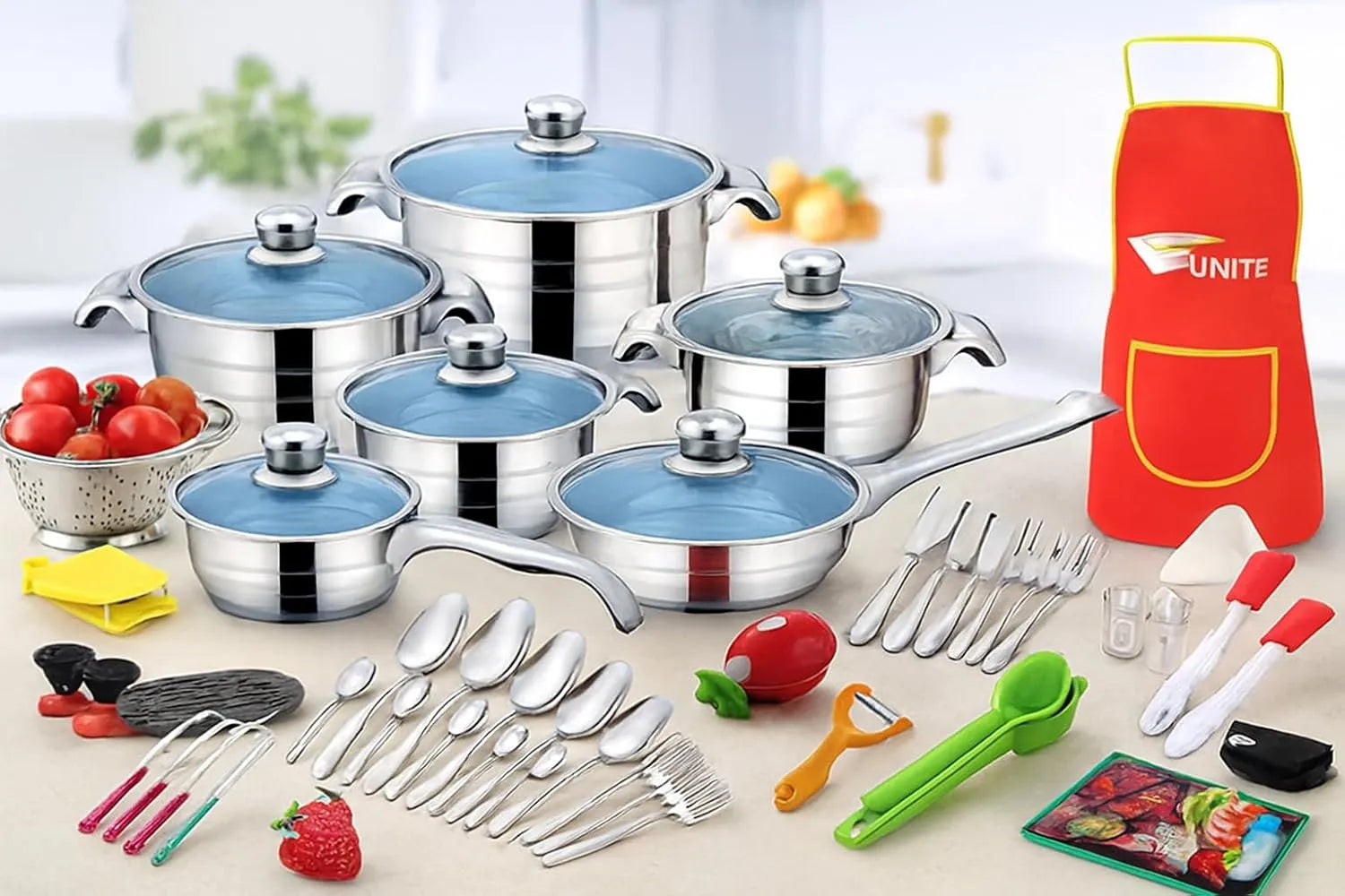FUNITE 220 Piece Stainless Steel Cookware Set, Induction Compatible, Complete Kitchen Kit with Pots, Pans, Utensils, Cutlery and Bakeware