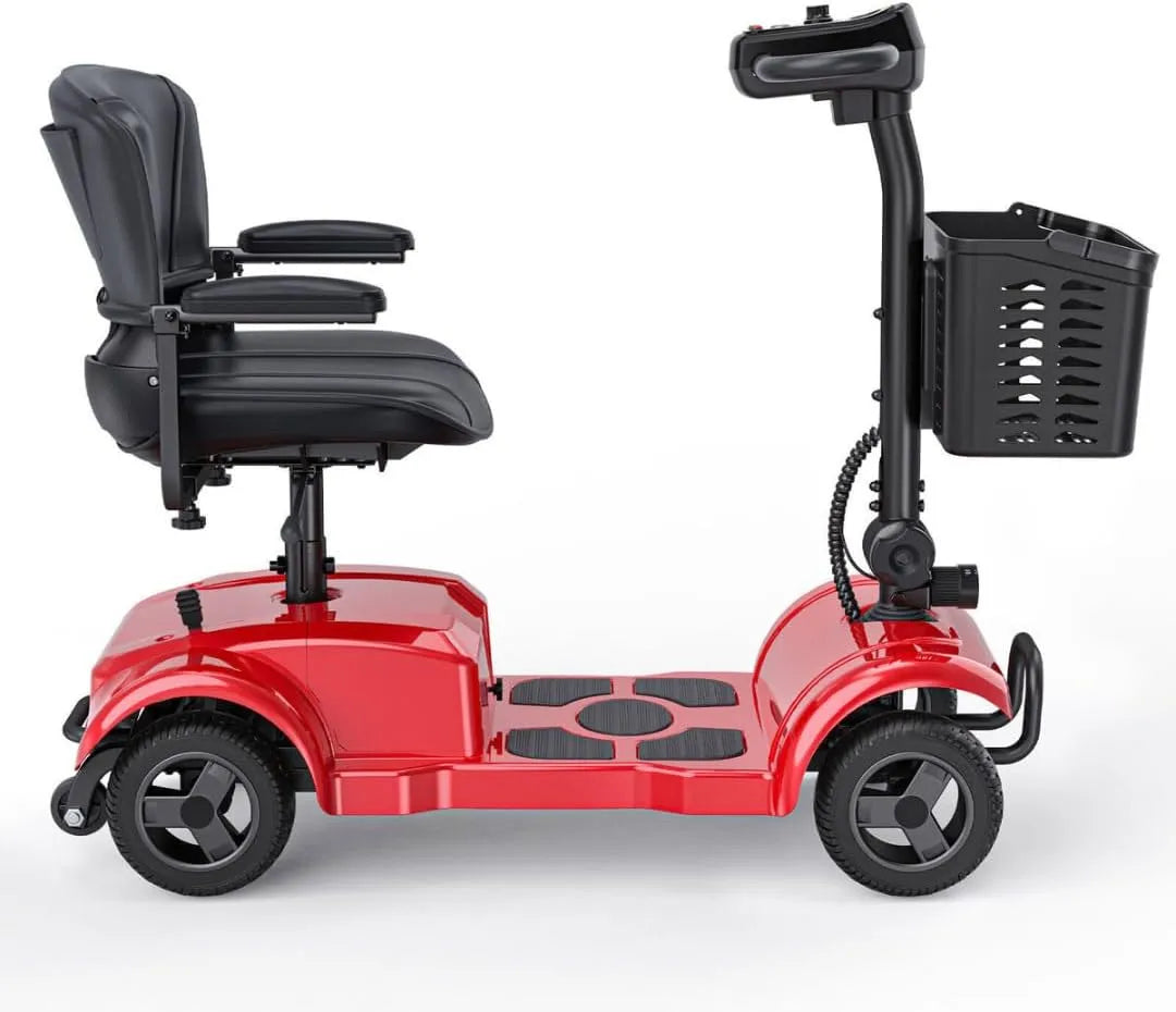 4-Wheel Mobility Scooter, Red and Black, Padded Seat with Storage Basket, Built-in Headlight, 120kg Capacity