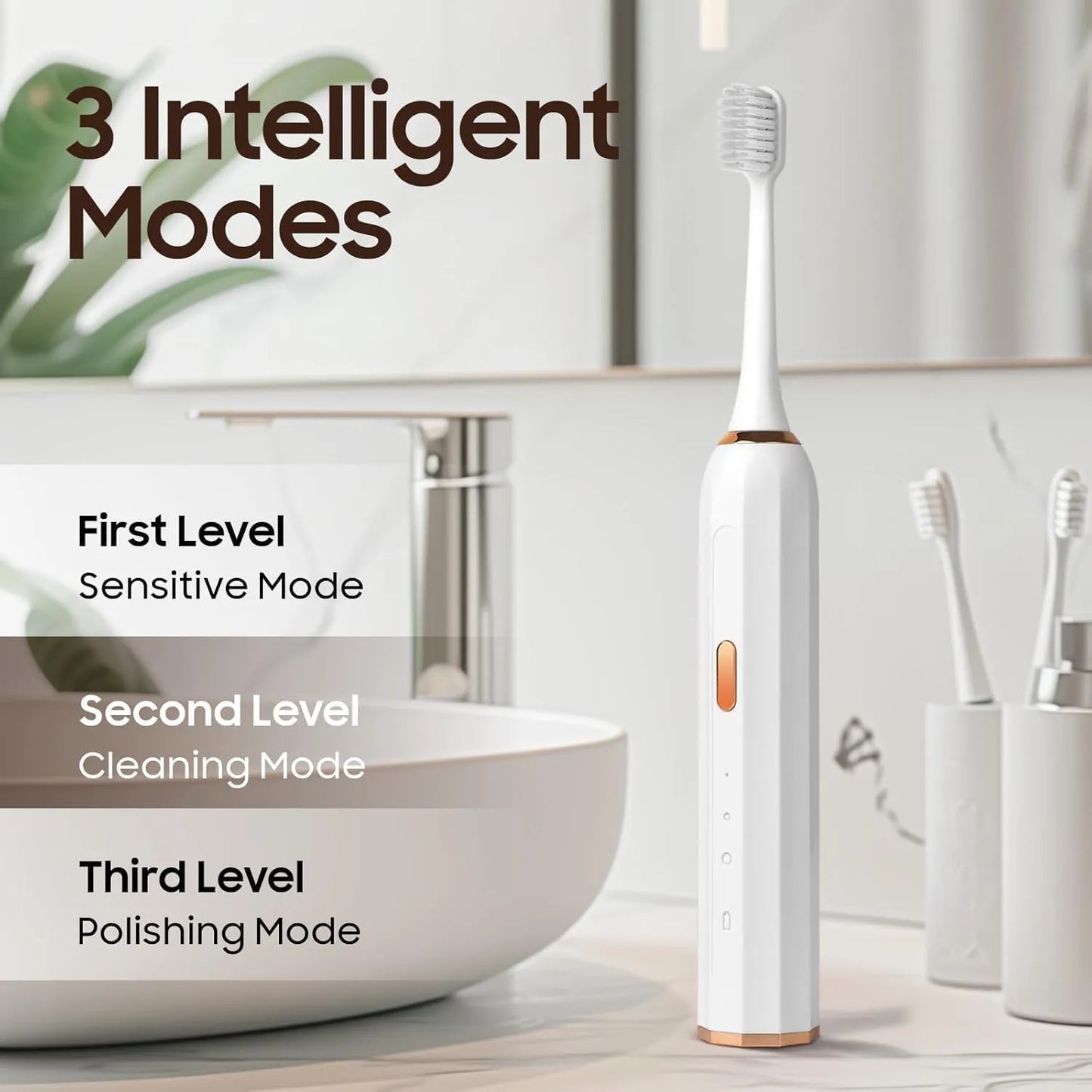 Sonic Electric Toothbrush with USB Charger, White, Rose Gold Accents, 3 Intelligent Modes, 45-60 Days Battery Life, Waterproof, Smart Timer, 3 Brush Heads