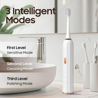 Sonic Electric Toothbrush with USB Charger, White, Rose Gold Accents, 3 Intelligent Modes, 45-60 Days Battery Life, Waterproof, Smart Timer, 3 Brush Heads