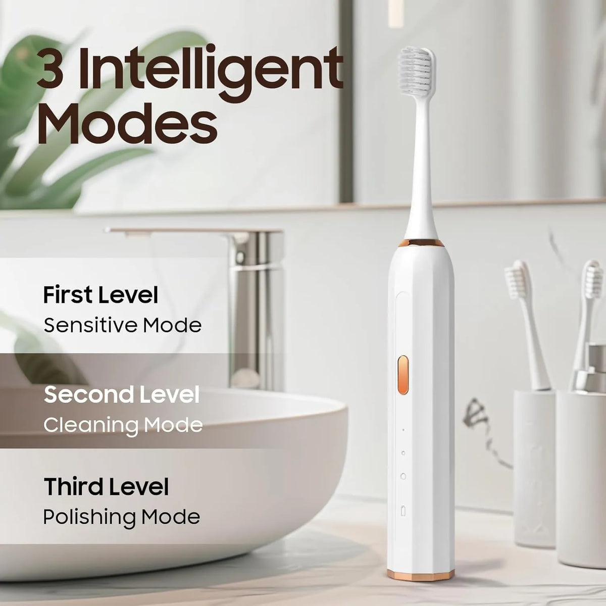Sonic Electric Toothbrush with USB Charger, White, Rose Gold Accents, 3 Intelligent Modes, 45-60 Days Battery Life, Waterproof, Smart Timer, 3 Brush Heads
