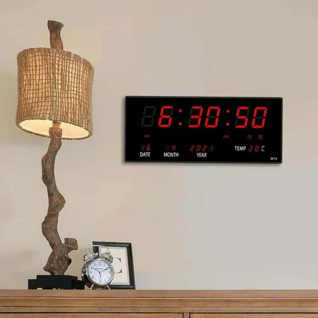 Digital Wall Clock 3615, Black with Red LED Display, Temperature and Calendar Display, AC-Powered, 35x20x4 cm, Professional Office and Home Use - 3615