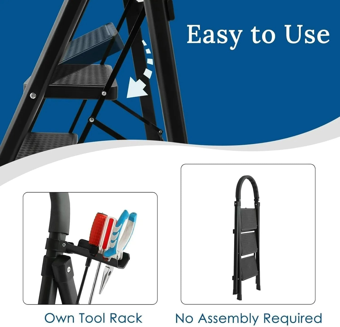 3-Step Folding Ladder, Black Carbon Steel, 41-inch Height, 330 lb Capacity, Anti-Slip Steps, Tool Rack, No Assembly Required