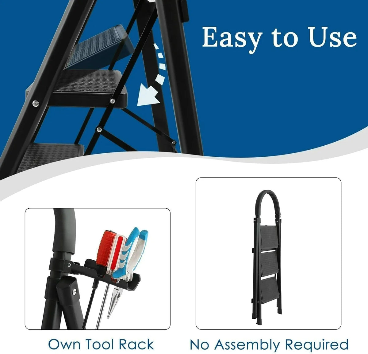 3-Step Folding Ladder, Black Carbon Steel, 41-inch Height, 330 lb Capacity, Anti-Slip Steps, Tool Rack, No Assembly Required
