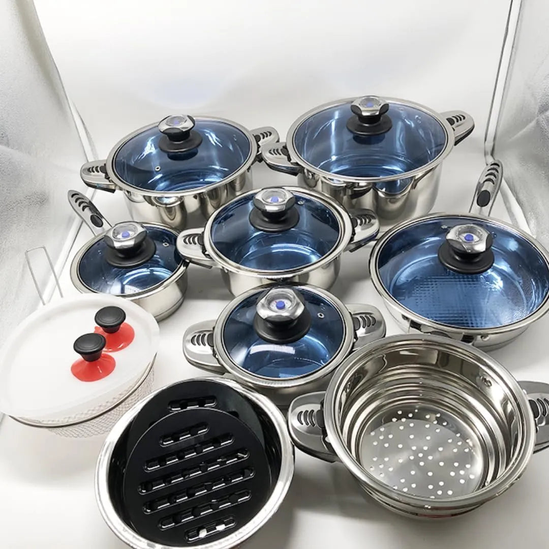 FUNITE CulinaryElite 140 Series Stainless Steel Cookware Set, 140 Pieces, Induction Compatible, Blue Glass Lids