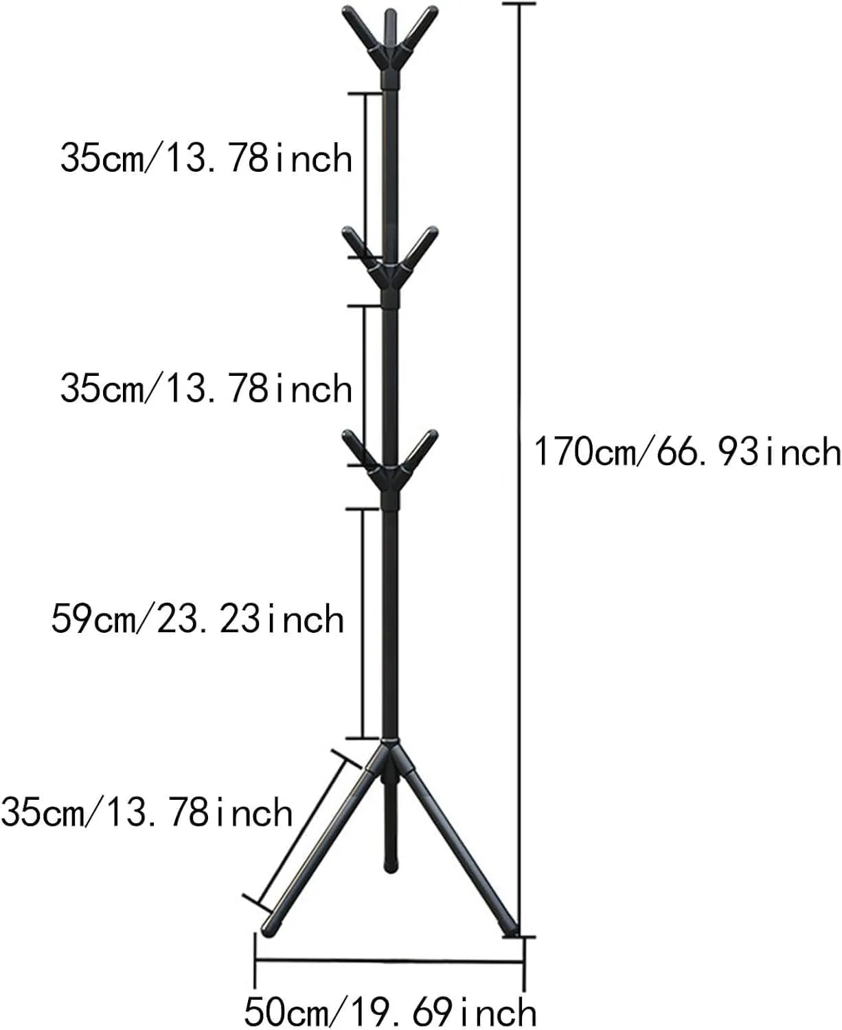 Coat Rack - 170cm Free Standing Hall Tree - Multi-Hook Standing Hat Hanger for Entryway, Bedroom, and Office - Stable Tripod Base Design - Matte Black