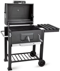 ForgePro Outdoor Charcoal Grill, Black Steel Construction, Hinged Lid with Temperature Gauge, Foldable Side Shelf, Storage Rack, Warming Rack, Wheeled Base, 90cm x 100cm x 50cm