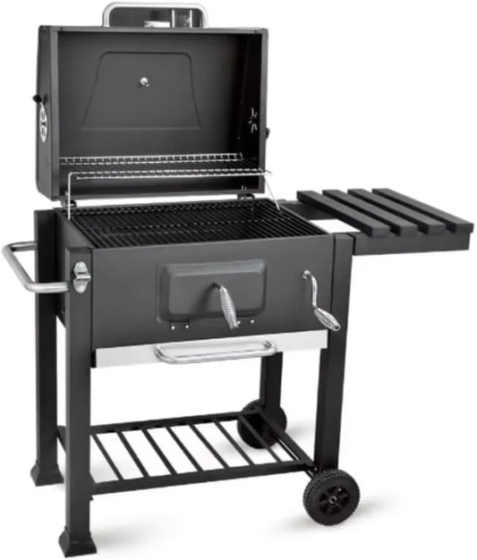 ForgePro Outdoor Charcoal Grill, Black Steel Construction, Hinged Lid with Temperature Gauge, Foldable Side Shelf, Storage Rack, Warming Rack, Wheeled Base, 90cm x 100cm x 50cm