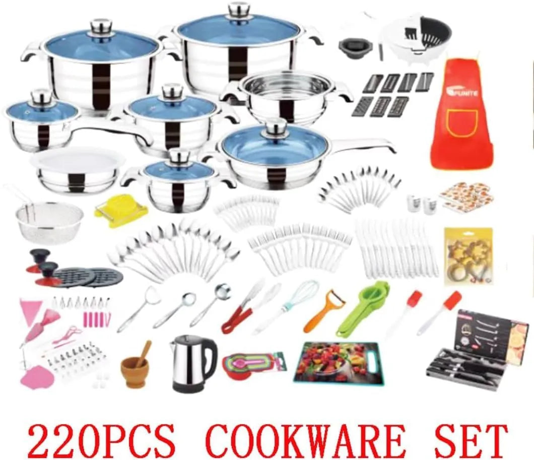 FUNITE 220 Piece Stainless Steel Cookware Set, Induction Compatible, Complete Kitchen Kit with Pots, Pans, Utensils, Cutlery and Bakeware