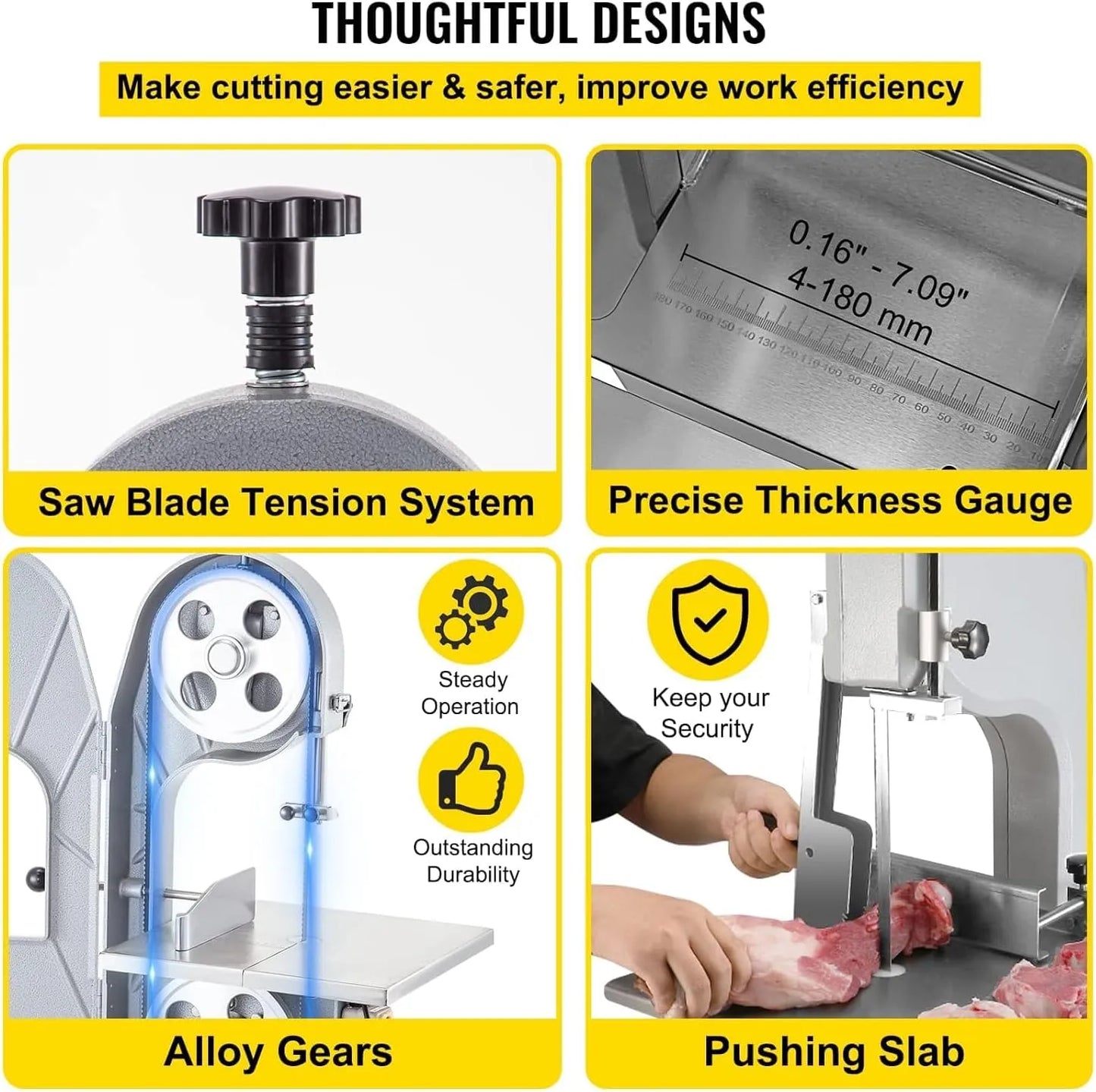 Professional Electric Meat Bone Saw, Silver, 850W Power, 15m/s Blade Speed, 6 Blades, Precise Thickness Gauge, Alloy Construction
