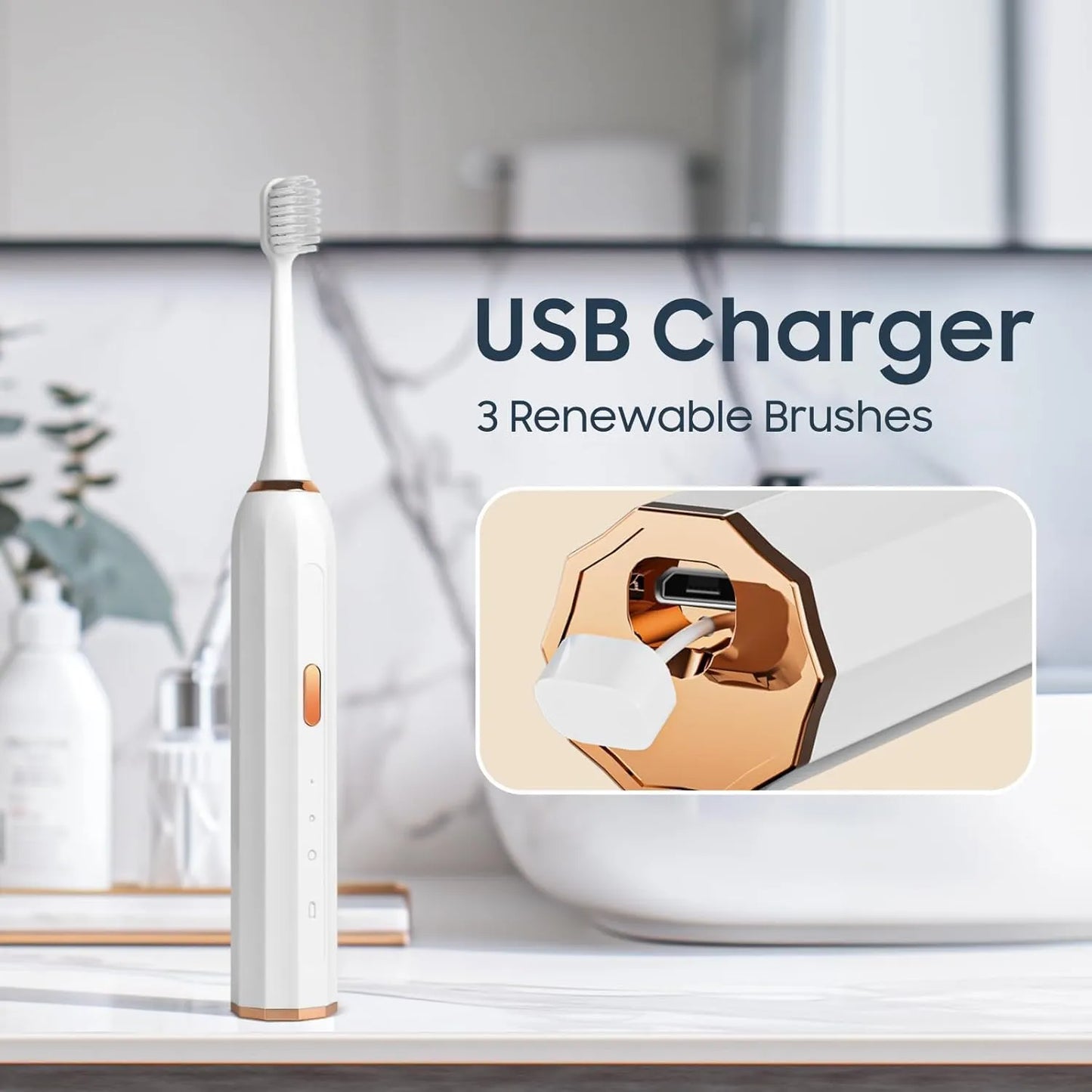Sonic Electric Toothbrush with USB Charger, White, Rose Gold Accents, 3 Intelligent Modes, 45-60 Days Battery Life, Waterproof, Smart Timer, 3 Brush Heads