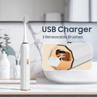 Sonic Electric Toothbrush with USB Charger, White, Rose Gold Accents, 3 Intelligent Modes, 45-60 Days Battery Life, Waterproof, Smart Timer, 3 Brush Heads
