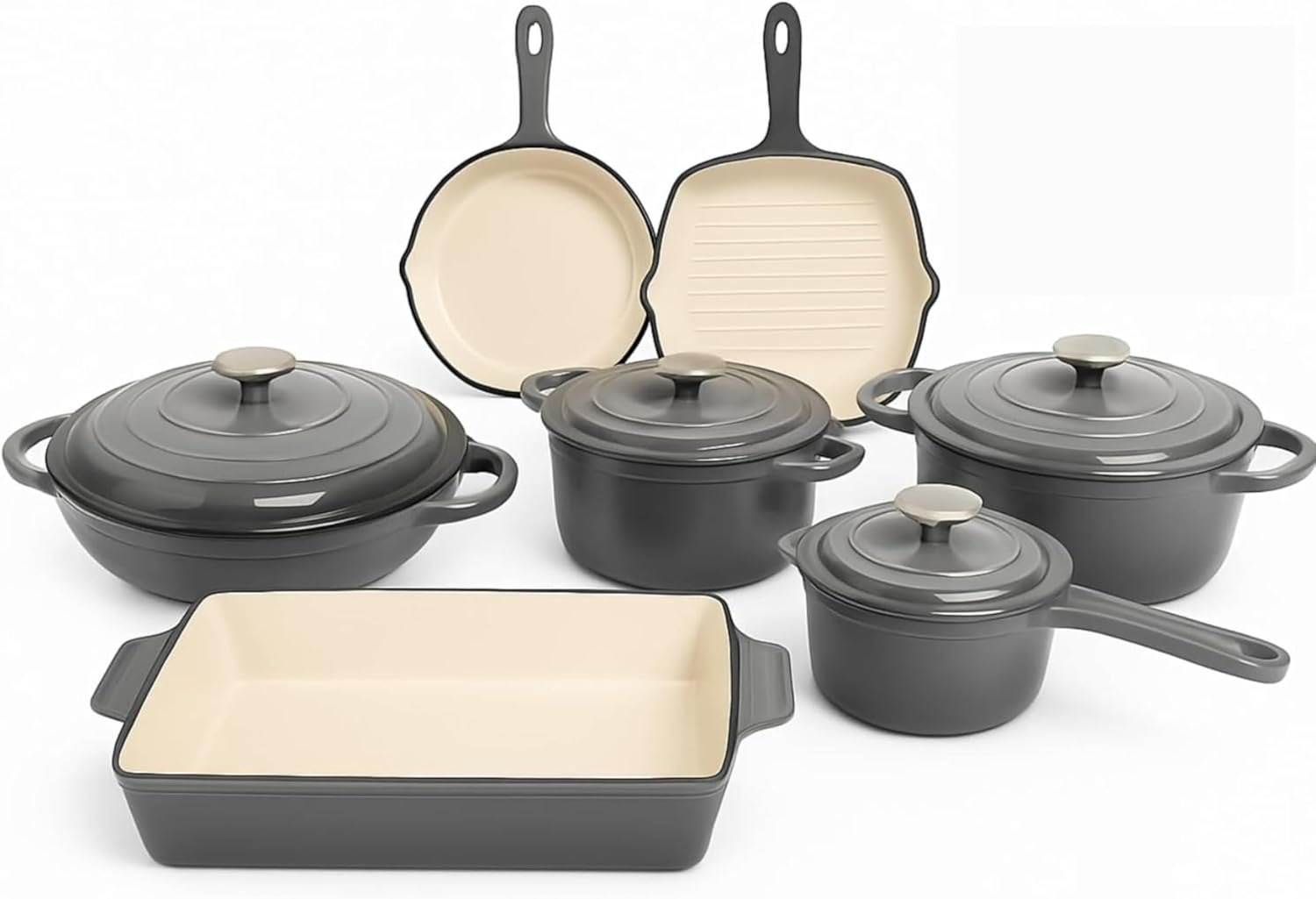Chefs Choice 11-Piece Enamel Cast Iron Casserole Cookware Set - Grey