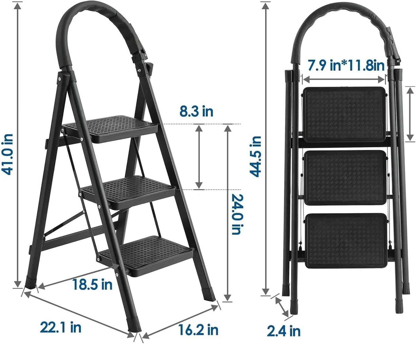 3-Step Folding Ladder, Black Carbon Steel, 41-inch Height, 330 lb Capacity, Anti-Slip Steps, Tool Rack, No Assembly Required
