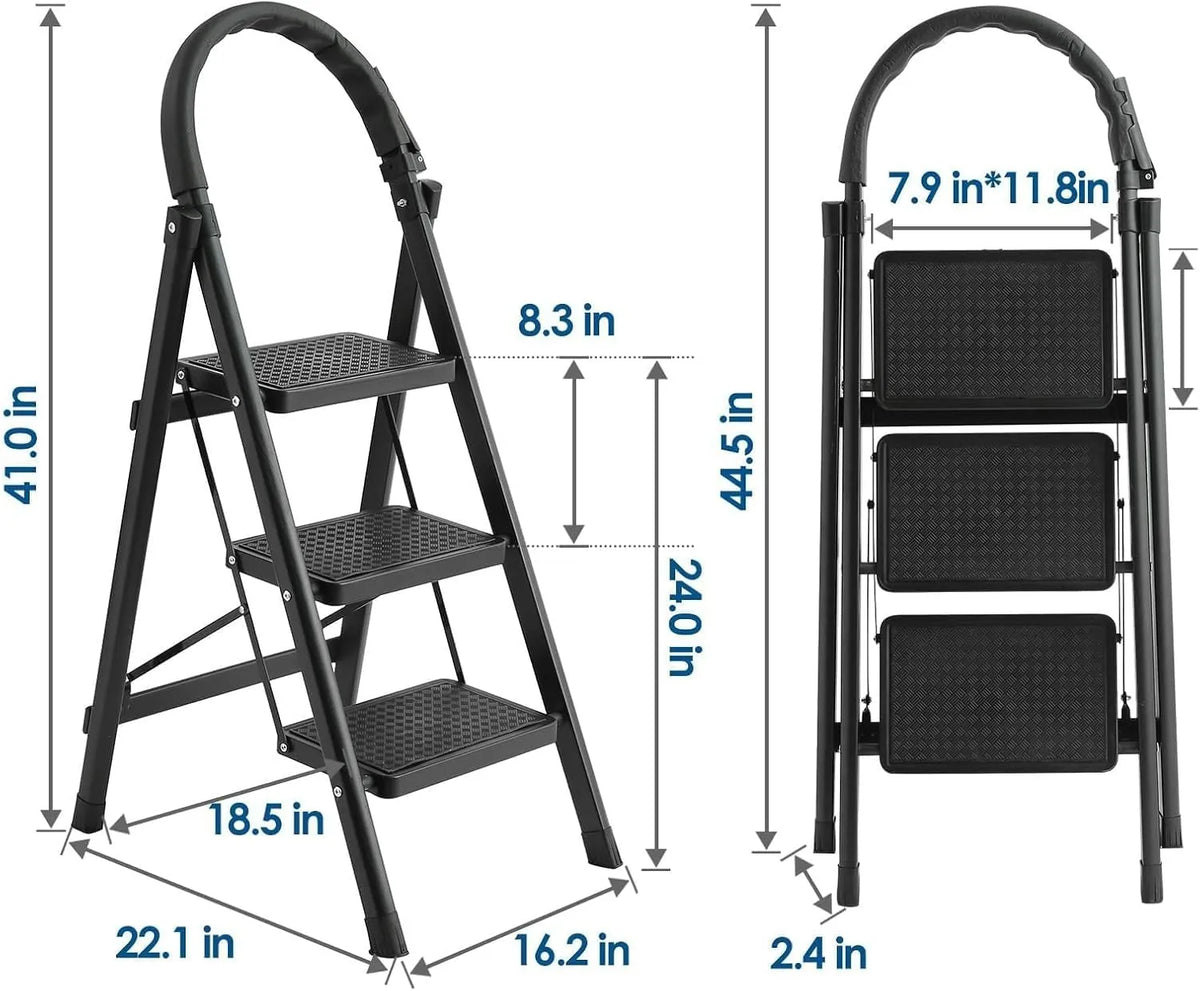 3-Step Folding Ladder, Black Carbon Steel, 41-inch Height, 330 lb Capacity, Anti-Slip Steps, Tool Rack, No Assembly Required