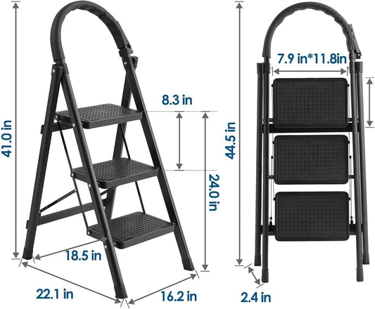 3-Step Folding Ladder, Black Carbon Steel, 41-inch Height, 330 lb Capacity, Anti-Slip Steps, Tool Rack, No Assembly Required