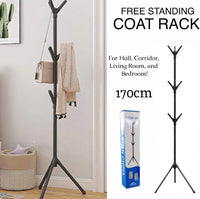 Coat Rack - 170cm Free Standing Hall Tree - Multi-Hook Standing Hat Hanger for Entryway, Bedroom, and Office - Stable Tripod Base Design - Matte Black