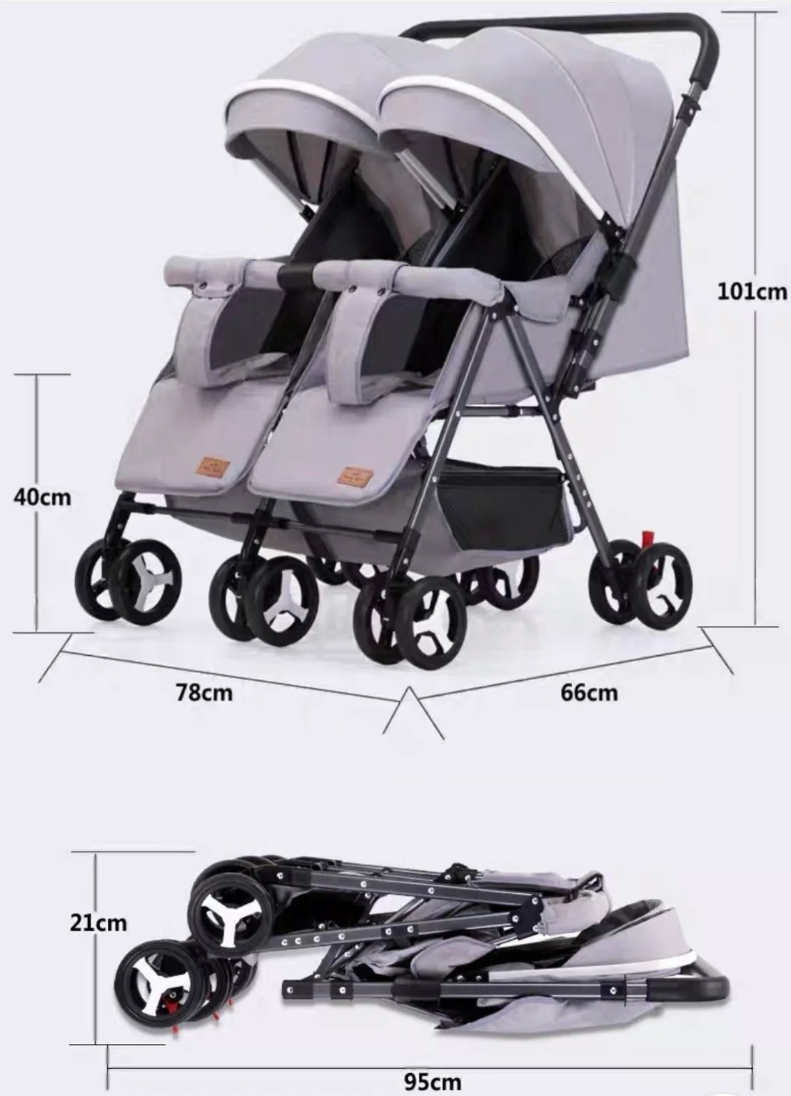 Grey 2-in-1 Folding Double Stroller with Rain Cover – Lightweight & Compact Design