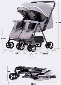 Grey 2-in-1 Folding Double Stroller with Rain Cover – Lightweight & Compact Design
