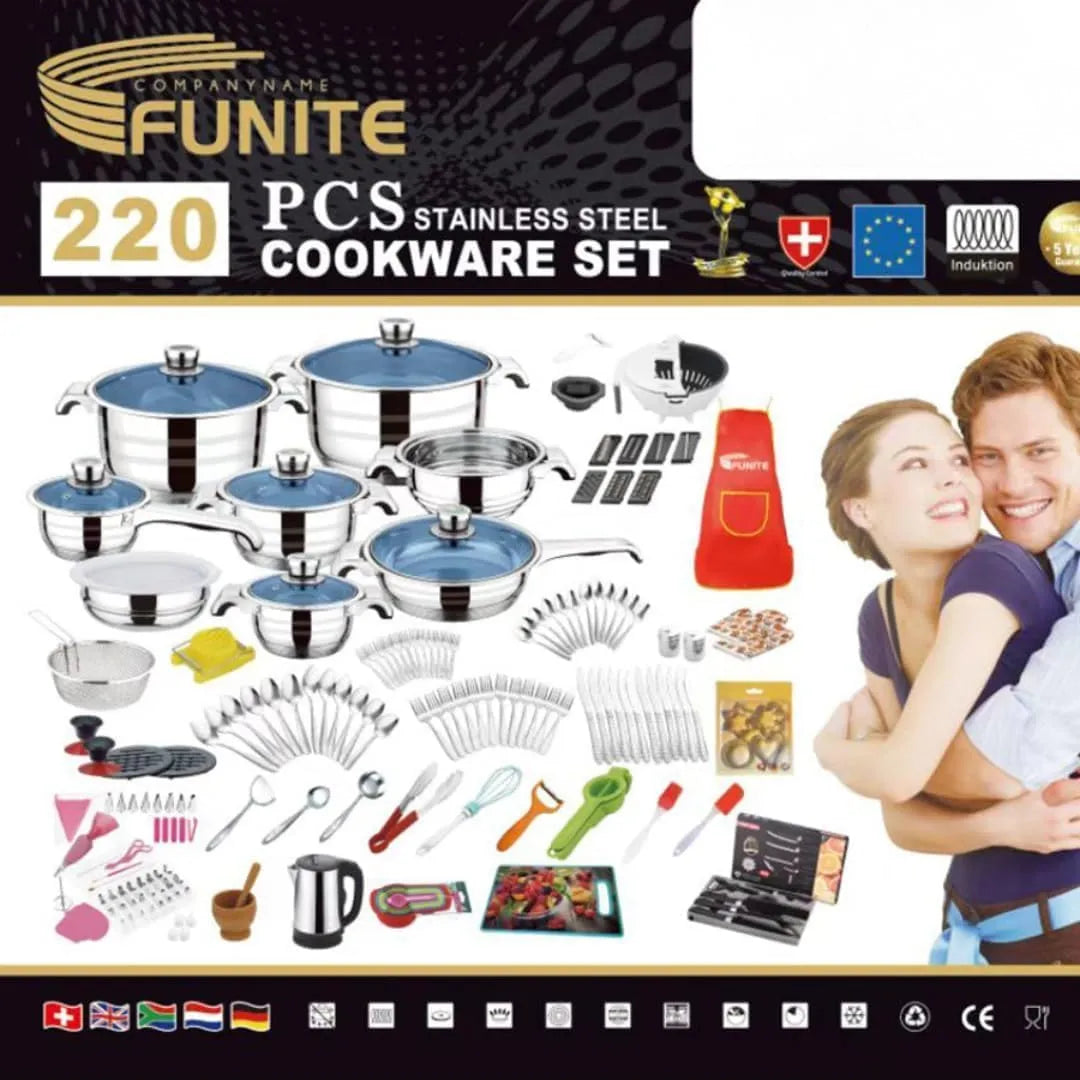 FUNITE 220 Piece Stainless Steel Cookware Set, Induction Compatible, Complete Kitchen Kit with Pots, Pans, Utensils, Cutlery and Bakeware