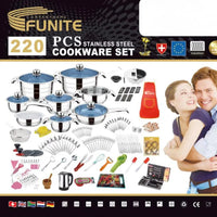 FUNITE 220 Piece Stainless Steel Cookware Set, Induction Compatible, Complete Kitchen Kit with Pots, Pans, Utensils, Cutlery and Bakeware