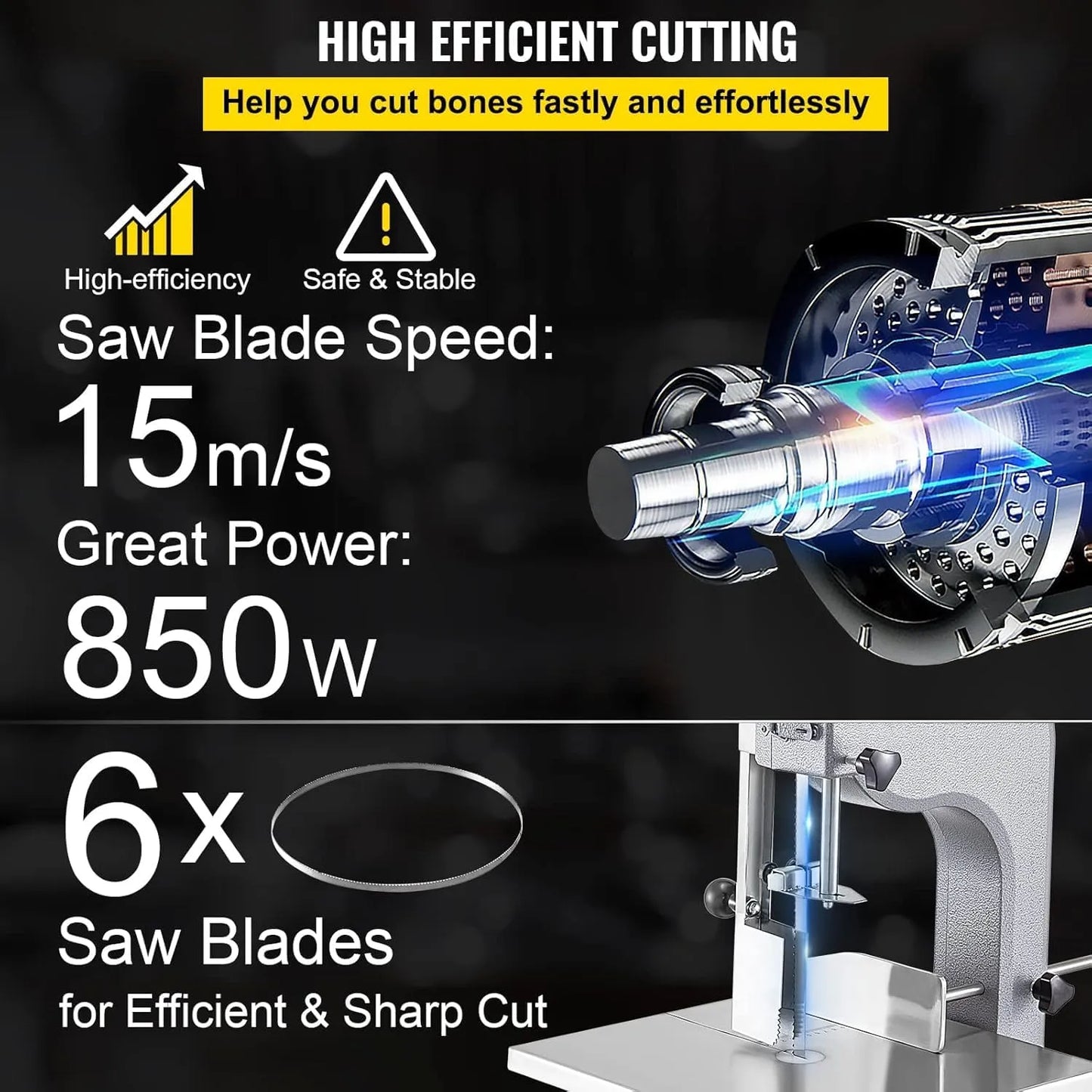 Professional Electric Meat Bone Saw, Silver, 850W Power, 15m/s Blade Speed, 6 Blades, Precise Thickness Gauge, Alloy Construction