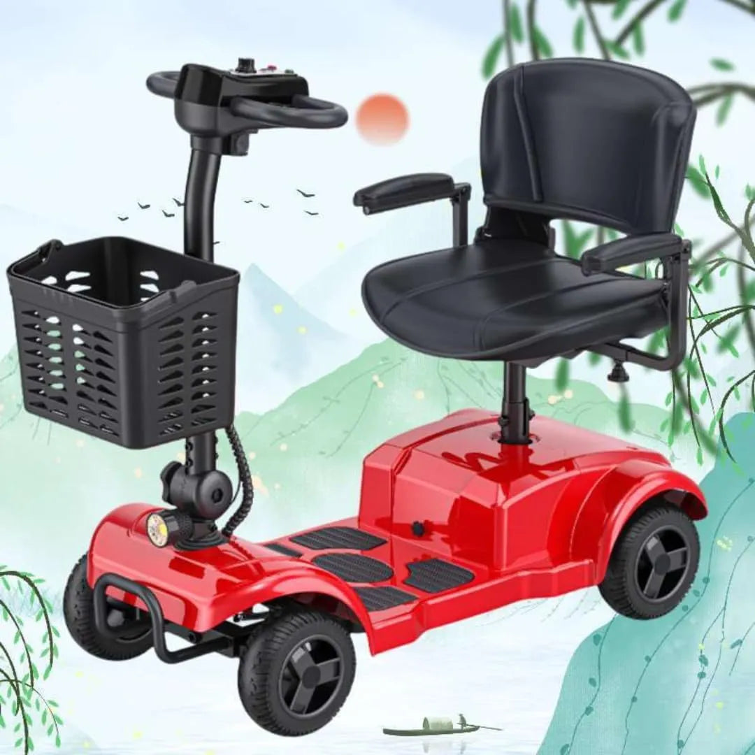 4-Wheel Mobility Scooter, Red and Black, Padded Seat with Storage Basket, Built-in Headlight, 120kg Capacity