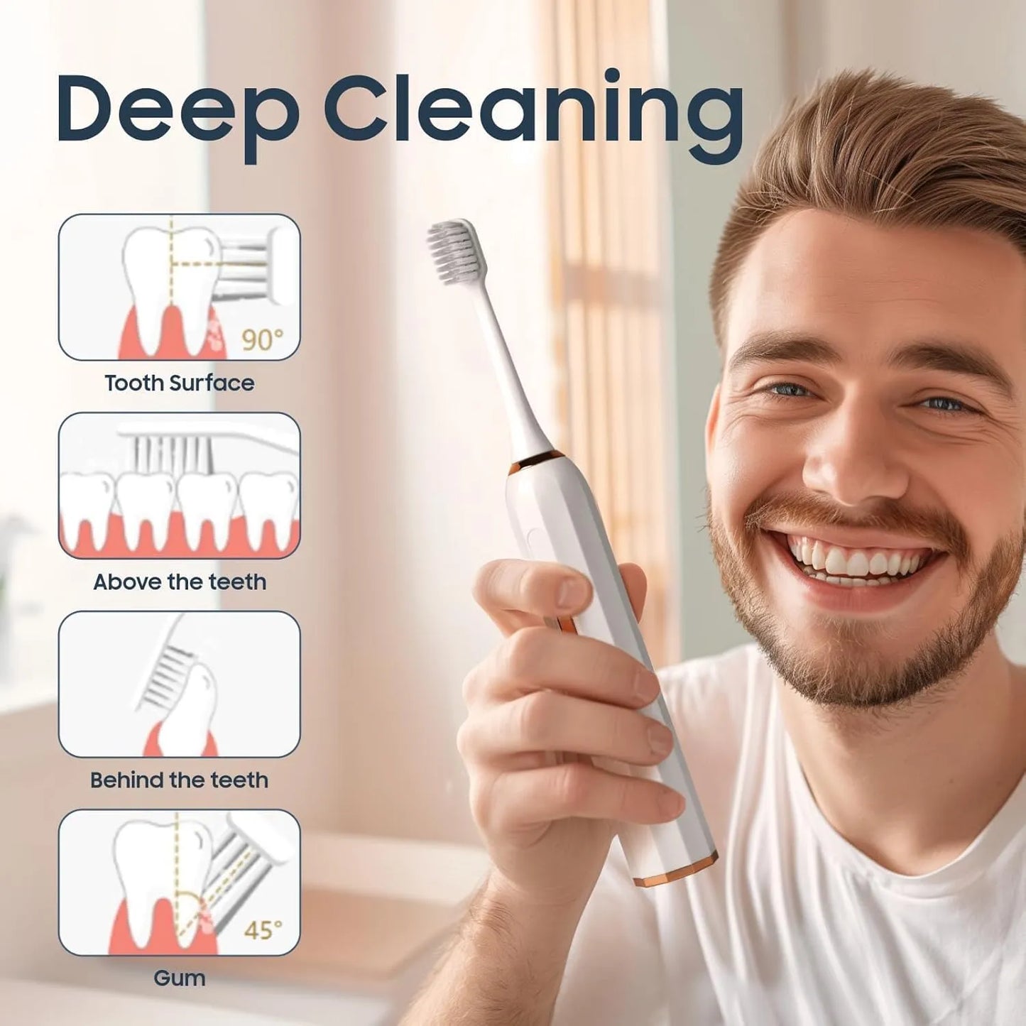 Sonic Electric Toothbrush with USB Charger, White, Rose Gold Accents, 3 Intelligent Modes, 45-60 Days Battery Life, Waterproof, Smart Timer, 3 Brush Heads