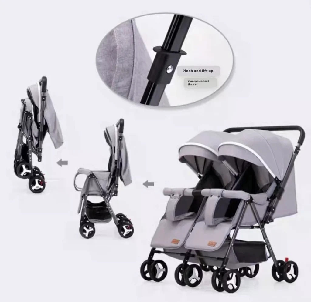 Grey 2-in-1 Folding Double Stroller with Rain Cover – Lightweight & Compact Design
