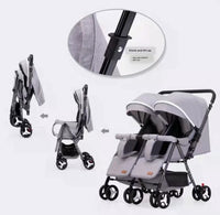 Grey 2-in-1 Folding Double Stroller with Rain Cover – Lightweight & Compact Design