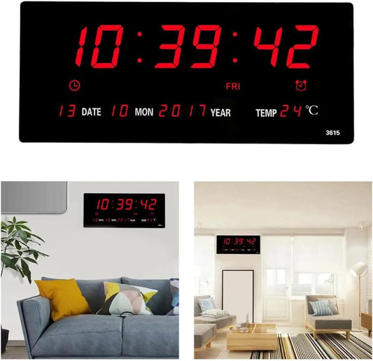 Digital Wall Clock 3615, Black with Red LED Display, Temperature and Calendar Display, AC-Powered, 35x20x4 cm, Professional Office and Home Use - 3615
