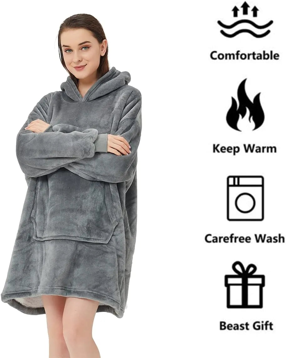 Oversized Sherpa Hoodie Blanket – Ultra-Plush Wearable Sweatshirt – Grey