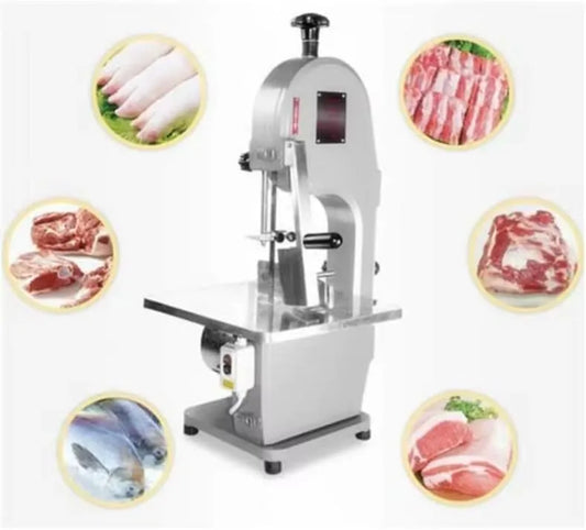 Professional Electric Meat Bone Saw, Silver, 850W Power, 15m/s Blade Speed, 6 Blades, Precise Thickness Gauge, Alloy Construction