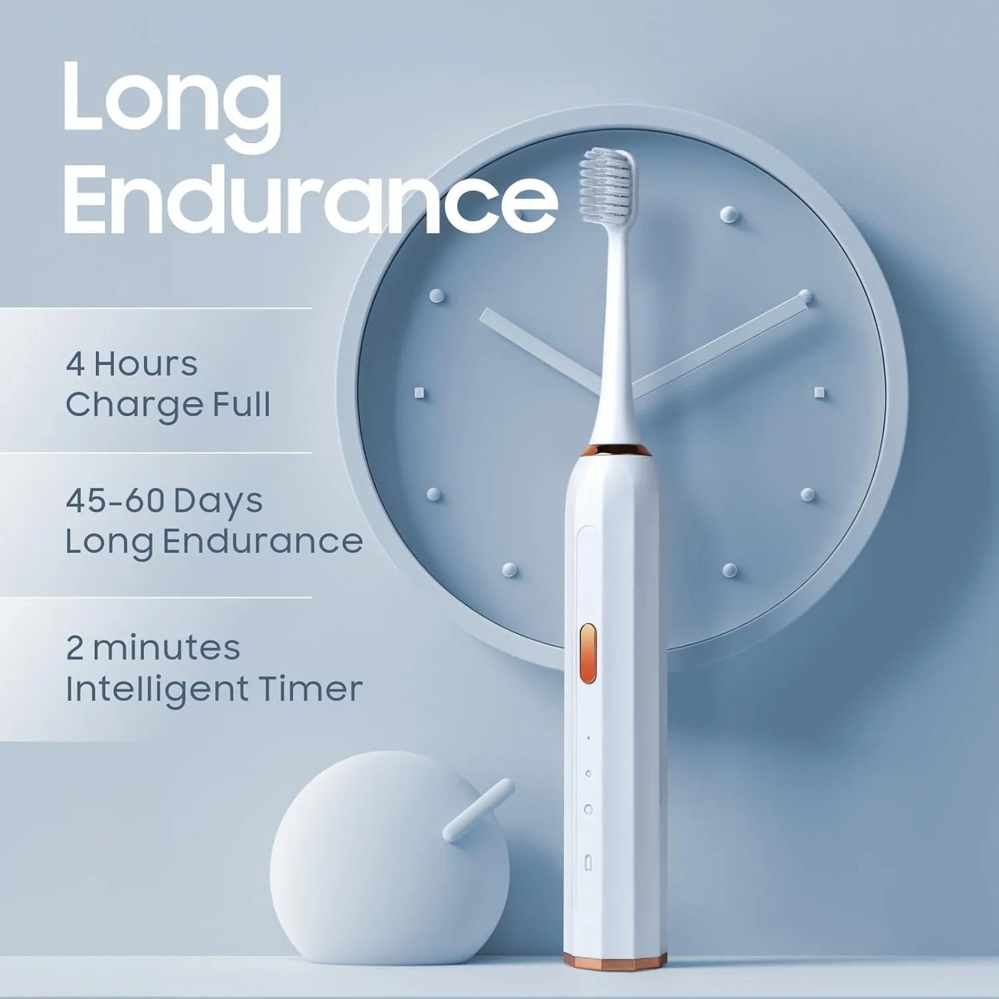 Sonic Electric Toothbrush with USB Charger, White, Rose Gold Accents, 3 Intelligent Modes, 45-60 Days Battery Life, Waterproof, Smart Timer, 3 Brush Heads